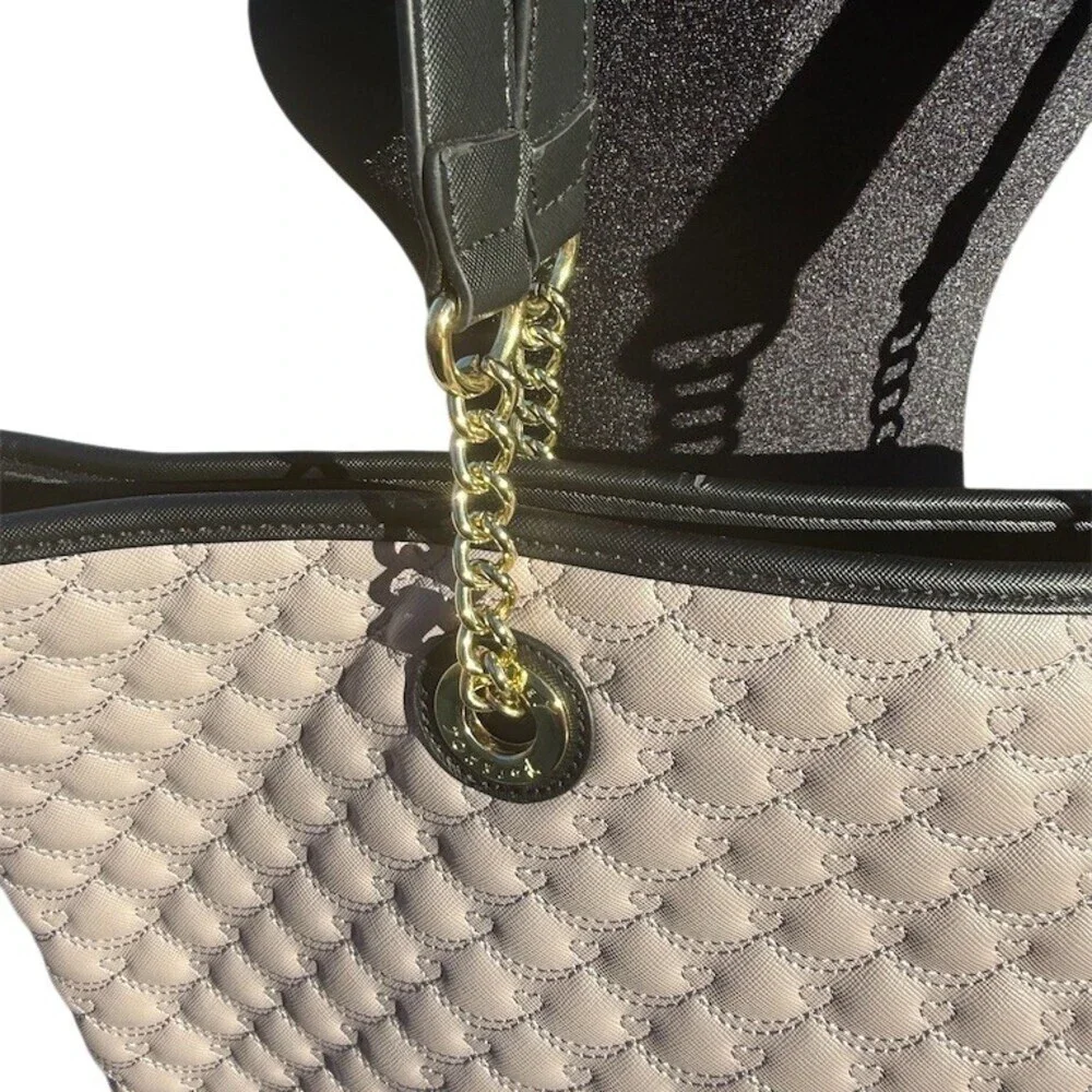 Betsey Johnson Quilted Tote Bag Large Light Grey Blush Black